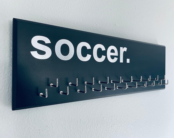Carbon-Silver Vinyl Soccer Medal Display | 21 Hooks | 23.50 x 7.50 in