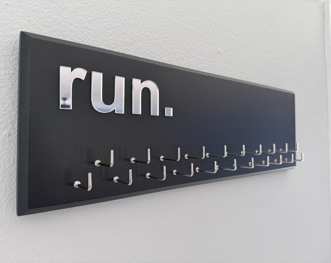Running Medal Holder, gray or black with acrylic 3D  "run." lettering, medal hanger with 21 hooks.