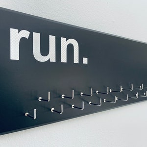 Running Medal Holder, black with carbon silver&quot;run.&quot; vinyl, medal hanger with 11 or 21 hooks.