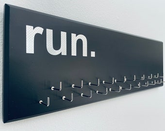 Running Medal Holder, black with carbon silver"run." vinyl, medal hanger with 11 or 21 hooks.