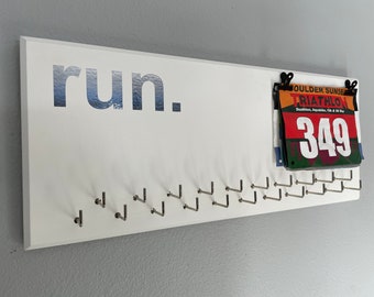 Running Medal Holder, white with chrome "run." vinyl, 21 hooks and clips for BIB holder