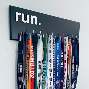 Running Medal Holder, black with &quot;chrome&quot; &quot;run.&quot; vinyl, Large 23 1/2 &quot; x 7 1/2&quot; medal hanger with 11 or 21 hooks.