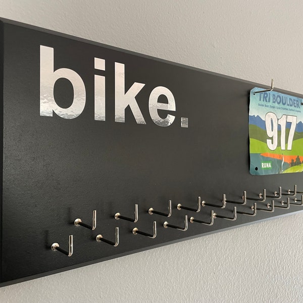 Medal Holder Cycling, gray or black with chrome "bike." vinyl, 21 hooks and BIB holder