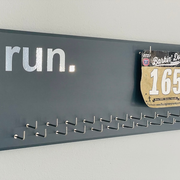 Running Medal Holder, gray or black with chrome "run." vinyl, 21 hooks and BIB holder