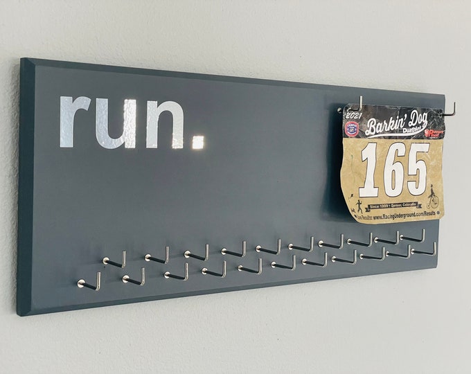 Running Medal Holder, gray or black with chrome "run." vinyl, 21 hooks and BIB holder