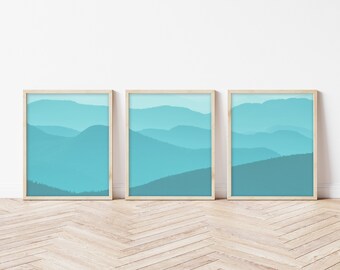 Turquoise Mountains Gradient, Instant Download Printable Art, Nursery Decor, Boho Bedroom, Teal Digital Print, Office Decor 3 Piece Wall Art