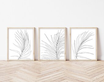 Palm Leaf 3 Piece Art, Printable Wall Art, Minimalist Jungle Decor Set of 3, Black and White Modern Illustration Sketch, Tropical Wall Decor