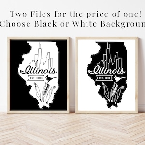 Arte de la pared de Chicago imprimible, cartel de Chicago Illinois, impresión de Chicago, descarga instantánea del mapa del estado de Illinois, arte de Chicago, regalos del horizonte de Chicago