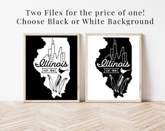Chicago Wall Art Printable, Chicago Illinois Poster, Chicago Print, Illinois State Map Instant Download, Chicago Art, Chicago Skyline Gifts