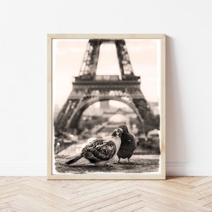 Vintage Love Birds Romantic Sepia Instant Download, Paris France, Eiffel Tower Photograph, Retro Film Style Bedroom, Wall Art Decor