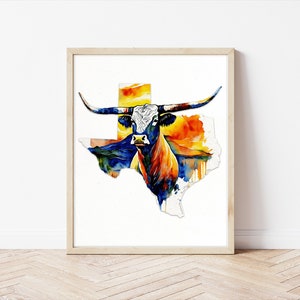 Téléchargement instantané Texas Longhorns, affiche du Texas, affiche du Texas, Texas Longhorns, art mural imprimable Texas, carte du Texas, vache aquarelle Texas