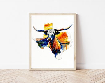 Texas Longhorns Instant Download, Texas Poster, Texas Poster, Texas Longhorn, Printable Texas Wall Art, Texas Map, Texas Watercolor Cow
