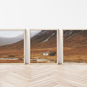 Vintage Stil Berghütte Herbst 3er Set Sofort Download Printable, Triptychon, Glencoe Schottland Dekor Wandkunst, Retro ästhetischen Stil