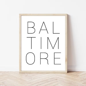 Moderne Typografie Baltimore Instant Download druckbare Kunst, minimalistisches Dekor, Maryland State Loft Digitaldruck, Wohnzimmer Dekor Wandkunst