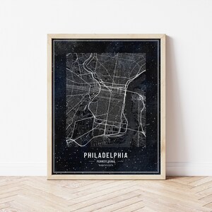 Vintage Boho-Stil Sofortiger Download, Philadelphia Pennsylvania Karte, Dark Navy Charcoal Aquarell Wanderlust Vintage-Stil, Wand-Kunst-Dekor