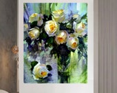 Roses Printing on Canvas-Bouquet of White Garden Roses in a Glass Vase-Original Floral Printing-Flowers Rose-Home Design-Oversize Wall Art
