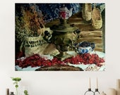 Still life with Samovar Red currant berries, Impressionism Style, Vintage Style, prints of original paintings, Still life Samovar Print