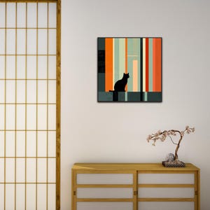 Art mural minimaliste de chat, impression abstraite moderne de chat noir, affiche d'animal géométrique pour la décoration intérieure, oeuvre d'art de chat noir sur commande, grande oeuvre d'art pour la maison