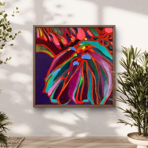 Fiery Bloom – Bold Abstract Floral on Canvas, Abstract art, red, orange, turquoise, violet, hand-painted, modern design, expressive, unique