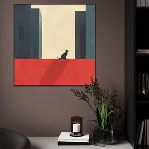 Ville et chat, impression d'art mural chat minimaliste, tableau urbain moderne, silhouette de chat sur le toit, oeuvre d'art paysage urbain contemporain pour décoration d'intérieur