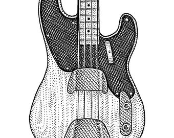 Print of Pen & Ink drawing of the Iconic '51 Fender Precision Bass