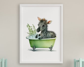 Watercolor Nursery Safari Bathroom Decor, Safari animals in bathtub, Boy girl bathroom Prints, Kids bathroom Prints, Baby Shower Gift