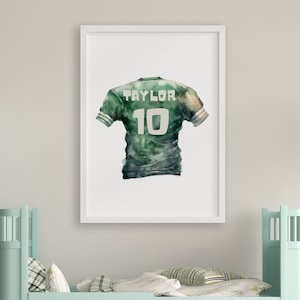 Custom Watercolor Green Football Jersey Print, Nursery Football Art, Children&#39;s Room Decor, Kids Room Art, Baby Shower Gift, Birthday Gift