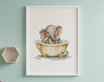 水彩画の保育園用サファリバスルームプリント、バスタブのサファリ動物、男の子と女の子のバスルームの装飾、子供用バスルームプリント、ベビーシャワーギフト