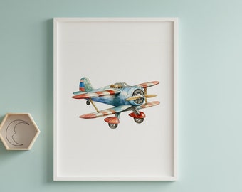 Arte de pared de avión para habitación de bebé, decoración de habitación de niño, lámina de avión para habitación de niño, decoración de aviador para habitación de bebé, regalo para baby shower, arte de avión vintage