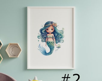 Watercolor Mermaid Girl's Nursery Prints, Mermaid Nursery Decor, Mermaid Wall Art Prints, Under The Sea Nursery Art, Baby Shower Gift