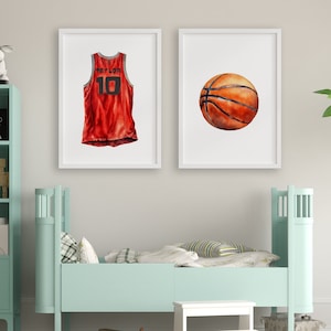Watercolor Basketball Art Print Set, Custom Jersey Art Decor, Basketball Nursery Art, Basketball Lover Gift