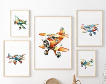 Airplanes Nursery Art Prints, Boy's Room Decor, Kid's Airplanes Nursery Prints, Set of 5 Nursery Decor, Baby Shower Gift, Vintage Planes Art