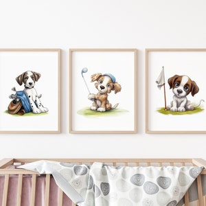 Poodles & labradors Golf Nursery Print Set of 3, Cute puppies Golfers, Nursery Golf Art, Boys or Girls Room Golf Decor, Baby Shower Gift