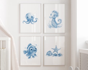 Watercolor Ocean Animal Nursery Decor, Sea Animals Nursery Print Set, Under The Sea Nursery Wall Art, Baby Shower Gift, Pink Nursery Decor