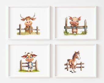 Impresiones de animales de granja en acuarela para decorar la habitación de un bebé o un niño: cerdo, caballo, vaca y cuerno largo. Arte mural de granja para guardería, regalo para baby shower.