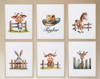 May include: Six framed prints with illustrations of farm animals, including a cow, a bull, a rabbit, a deer, a horse, and a cowboy hat. The prints are hung on a wall with a white rocking horse in the foreground.