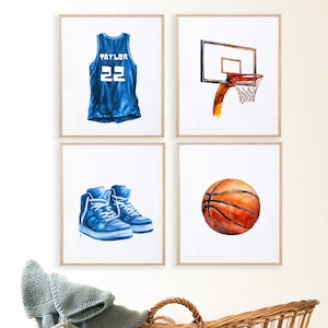 Juego de impresiones artísticas de baloncesto personalizadas para guardería, arte de aro y pelota con camiseta, decoración de baloncesto para guardería, habitación de niños, oficina, regalo para amantes del baloncesto