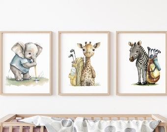 Watercolor Nursery Golf Art Print Set, Cute Golfer Animals, Nursery Golf Decor, Golf Baby Shower Gift, Nursery Wall Decor, Golf Nursery Art