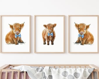 Boys Farm Nursery Decor, Bowtie Animal Nursery, Nursery Animal Art, Cow Nursery Decor, Baby shower gift Farm animal art Highland Cow Nursery