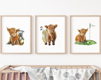 Watercolor Highland Cow Golf Nursery Decor, Highland Cow Golfer Prints, Farm Nursery Decor, Cow Nursery Decor, Cow Prints Nursery Cow Golfer