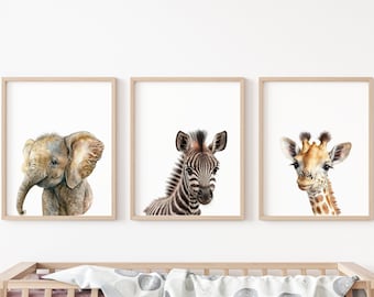 Aquarell-Safari-Tier-Kunstdruck-Set, Safari-Babyparty, Safari-Kinderzimmer-Kunst, süße Safari-Tiere, Kinderzimmer-Kunst-Set, Safari-Kinderzimmer-Dekor