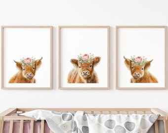 Decoración de guardería de granja, arte de animales para guardería, decoración de guardería de vacas, corona de flores de vaca, guardería con estampados de vaca, guardería de las Tierras Altas, guardería de vacas de las Tierras Altas