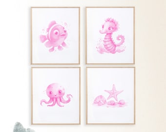 Watercolor Sea Animals Nursery Print Set, Under The Sea Nursery Wall Art, Ocean Animal Nursery Decor, Baby Shower Gift, Pink Nursery Decor
