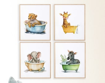 Nursery Bath Wall Art, Safari animals in bathtub, Baby Bath Art Print, Kids bathroom Art, Baby Shower Gift, Nursery Safari Art