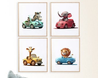 Animals in Vehicles Wall Decor, Animal Cars Prints, Nursery Safari animals, Cute Safari Animals on cars, Kids room decor, Baby Shower Gift