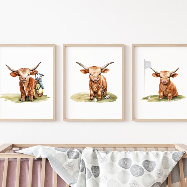 Longhorn Golf Nursery Decor, Longhorn Golfer Prints, Nursery Set of three prints, Longhorn Nursery Decor, Longhorn Prints, Nursery Golf Art