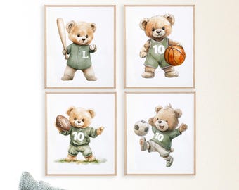 Personalized teddy bear sports prints, Set of 4 nursery sports wall art, Basketball, football baseball & soccer kids room decor, Framed gift
