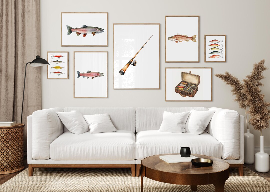 Fish Wall Design Fishing Gallery Wall Art Set, Salmon Bass Fish Prints With Rod, Lures ...