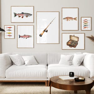 Impresiones de arte de pared con galería de pesca en acuarela, juego de 7, decoración de pared de pesca de salmón y lubina para guardería, casa del lago o casa de playa, regalo de pesca