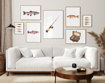 Fishing Gallery Wall Art Set, Salmon Bass Fish Prints with Rod, Lures & Tackle Box, Cabin or Lake House Decor